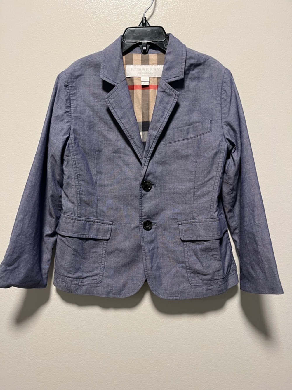 BURBERRY Boys Chambray Blue Cotton Blazer, Classic Check Lining, Size 7T